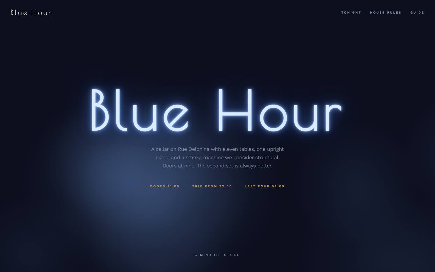 BLUE HOUR homepage — full preview